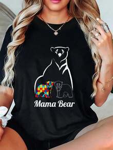 Camiseta de verano con el lema "Mamá Osa" y "Mamá Autista", de manga corta y cuello redondo, para mujer. - Negro - Ver 6
