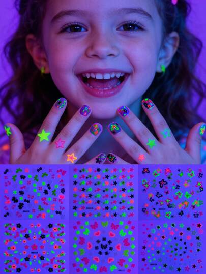 6 Sheets Fluorescent Colorful Kids Nail Art Stickers, Featuring Mini Floral, Star & Butterfly Designs, Bright Colors, Waterproof & Easy To Apply, Ideal For Daily Wear, Party Activities & DIY Nail Art, Creating Fun Fingertip Looks