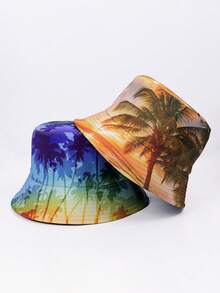 1pc Tropical Palm Leaf Print Reversible Bucket Hat, Casual Party Cute Design, UV Protection, Suitable For Beach, Travel And Casual Street Wear, Spring/Summer - Reversible Fisherman's Hat - View 2