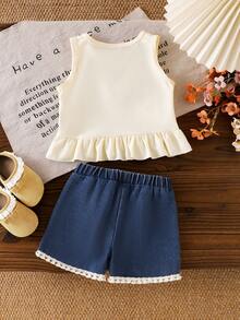 2件套女婴波西米亚风蝴蝶结荷叶边华夫格无袖上衣和流苏蝴蝶结牛仔短裤套装 - 杏色 - 查看 3