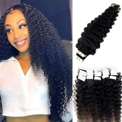 Tape In Hair Extensions Human Hair Deep Wave Invisible Brazilian Curly Tape In Extensions Human Hair Natural Black 20Pcs/Set