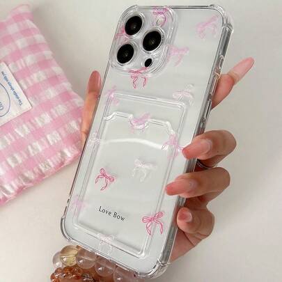 Transparent Silicone Phone Case With Pink Bow Print, Compatible With IPhone 11/17/17pro/13/14/15/15pro/15 Plus/15 Promax/16/16pro/16plus/16promax/7plus/8plus/X/Xs Max/Xr/17Air/12pro/13pro/14pro/17Promax/13mini/11promax/12promax/13promax/14promax/14plus/6/6s/6plus/7/8/Se/17proMax, Transparent Wallet Style Shockproof Waterproof Anti-Fall Anti-Scratch Back Cover