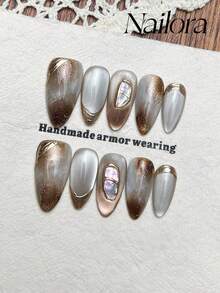 10pcs Handmade Nails Almond Nails Acrylic Press On Nails Medium Long, Gentle Silver Brown Gradient Nails, Flashy Cateye, Nail Powder Edge, Simple Elegant Luxury Nails, Spring Press On Nails, Y2K Versatile Nails DIY False Nail Art Party Daily & Dating Use Beach Tropical Getaway Suitable Reusable, For Women & Girls As Gift Nail Supplies - Multicolor - View 2