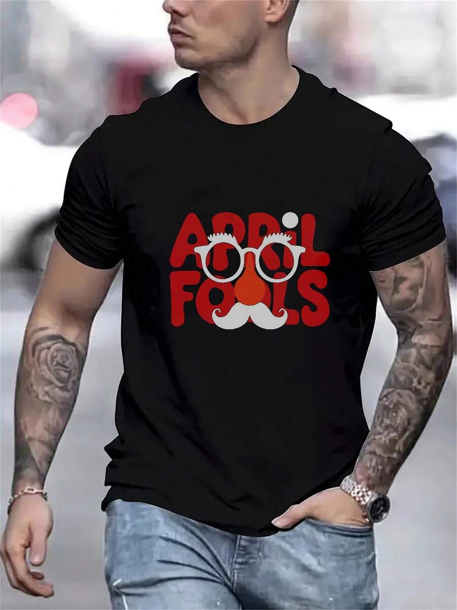 mens crew neck t shirt black april fools day glasses mustache streetwear, cotton 180gsm, Holiday men's and women's T-shirts as gifts, S-XXXL, black - Negro - Ver 1