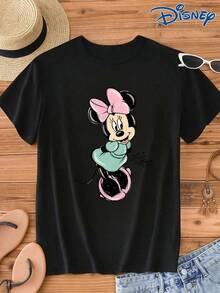 Disney Women Black Casual Cotton Short Sleeve Regular Length Round Neck T-Shirt With Mickey Mouse And Friends Print - màu đen - Xem 2