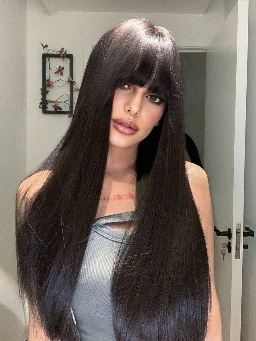 26-Inch Long Synthetic Wig Featuring A Natural Straight Style A Stunning Black. Designed With Bangs , It Is Crafted From Heat-Resistant Fiber To Ensure Durability. This False Hairpiece Is Perfect For Daily Use, Offering A Natural And Realistic Appearance That Mimics It Is Also A Gift For Women. - Black - View 1