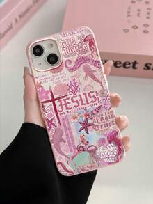 Pink Ocean, Jesus Collage Print Phone Case, Whale, Seahorse, Starfish, Pink Cross, Pink Phone Case, Christian Aesthetic Beach Design Fashion Phone Case - Pink - View 4