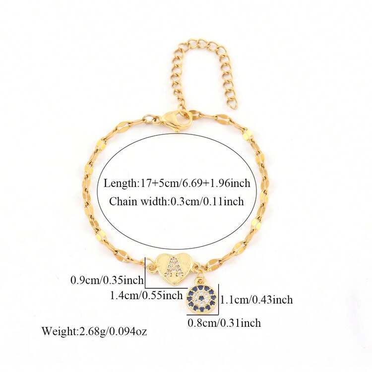 1件简约时尚心形字母眼睛吊坠金色不锈钢唇链手链女款 - 金黃色 - 查看 2