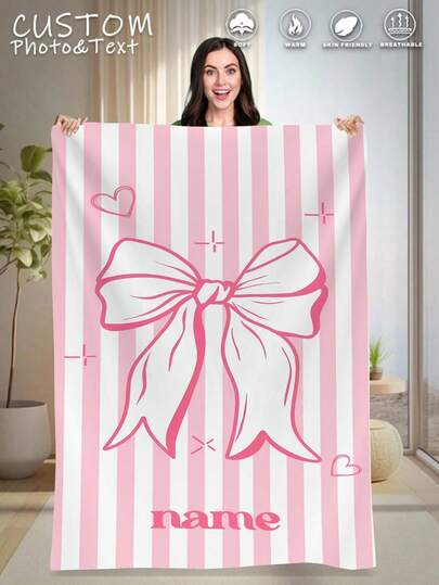 1pc Customized Pink Bow Fleece Blanket - Customizable Name, Soft & Warm, Suitable For Sofa, Bed, Travel, Camping - Lightweight, Machine Washable, Great Gift For Christmas, Easter, Birthday, Newlyweds