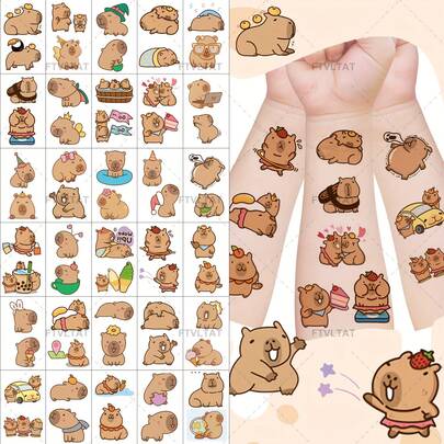 FTVLTAT 30pcs Capybara Themed Animal Temporary Tattoos, 60 Unique Designs, Waterproof Long-Lasting, Animal Party, Birthday Gift Filler, Rectangular