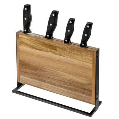 MyGift - Bloque de cuchillos de cocina universal moderno tablero de madera maciza de acacia de alta calidad y soporte de metal negro soporte para cubiertos soporte  para cuchillos de