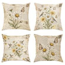 4 pièces Housses de coussin décoratives vintage avec fleurs de marguerite et oiseaux, style lettrage usé, convient pour le salon, le canapé, la chambre à coucher, décoration de style campagnard - Jaune clair - Voir 3