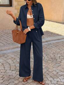 PoPoHouse 女士两件套 - 纯色棉质休闲优雅长袖衬衫搭配宽松阔腿裤，适合通勤、休闲旅行、情人节、春夏日常穿着 - 藏蓝色 - 查看 8