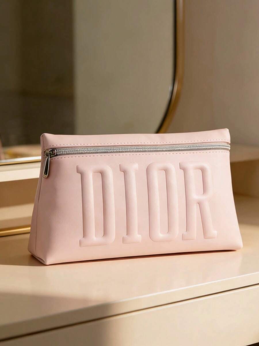 Christian Dior 浅粉色化妆包，带压纹Logo、银色拉链和刺绣星星内衬 - 粉色 - 查看 1