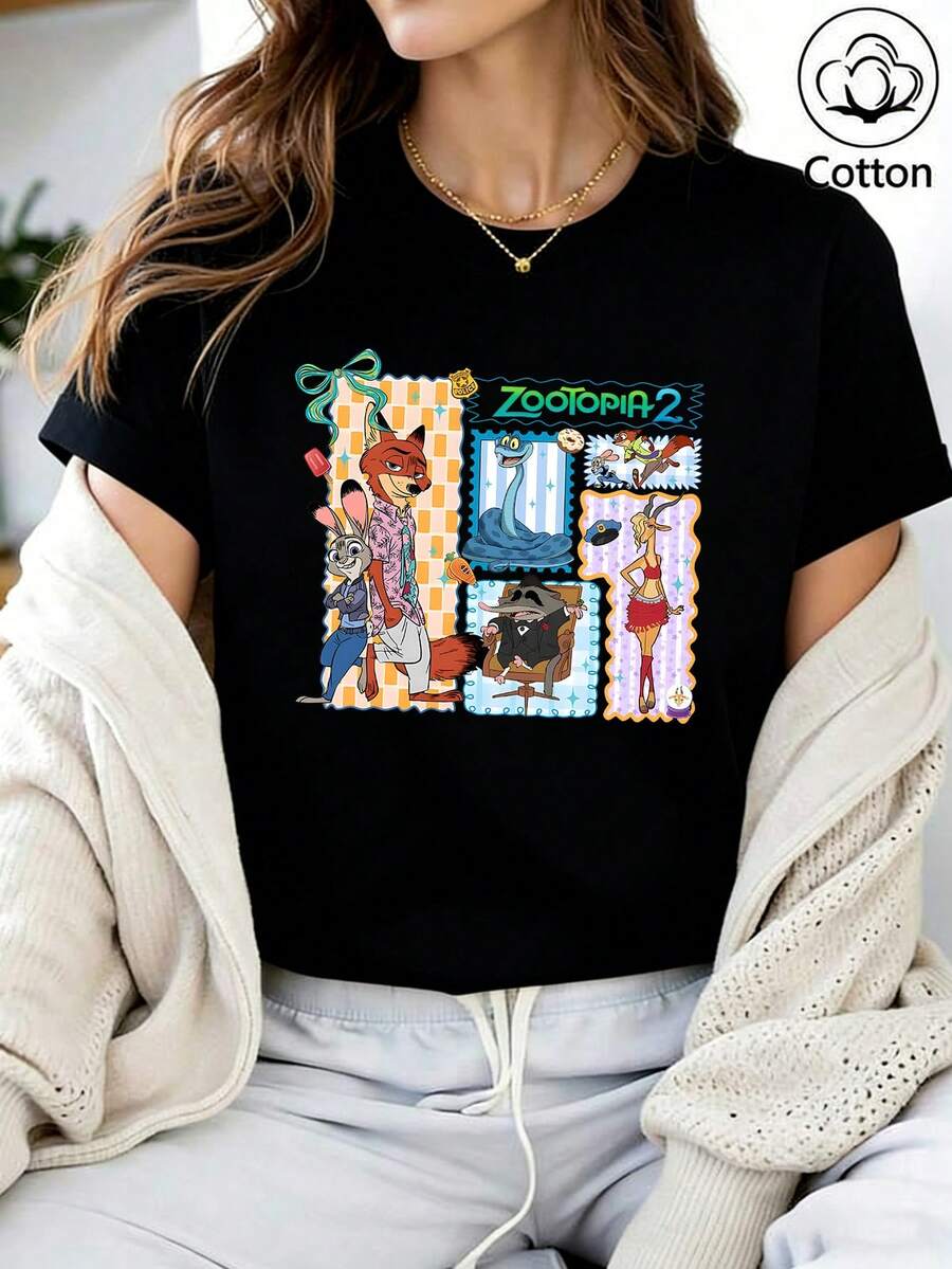 Disney Edición suelta Camiseta estampada con estilo de sello de personajes de Zootopia 2, adecuada para verano y primavera, tops de manga corta, ropa de mujer, regalo de vacaciones, disfraces de fiesta. - Negro - Ver 1