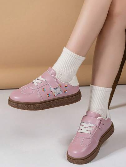 Fashionable & Lightweight Children's Sports Shoes, Embroidered Terry Cloth, Sweet Girls' Casual Shoes With Hook And Loop, Easy To Wear And Comfortable, Suitable For Girls 14 Years Old And Under For Daily Casual Wear, Parties And Holidays, All Seasons