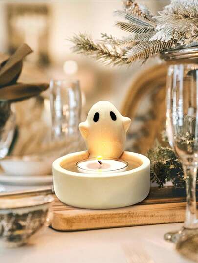 1 pieza Adorable soporte para vela de té con forma de fantasma blanco, decoraciones de cerámica, lindo acento espeluznante para el hogar, perfecto para el dormitorio y la sala de estar, regalo con temática de fantasmas