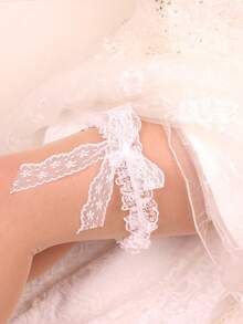 1 Pair Sexy Bow Garter, Lace Trim Leg Garter, Wedding Accessory - White - View 2