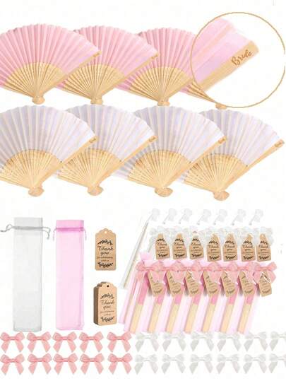 Set de regalo de 30/15/3 piezas de abanico plegable de seda rosa/blanco y madera, incluye bolsa de regalo, tarjeta de agradecimiento, abanico de mano de bambú, adecuado para novia, despedida de soltera, boda, decoración de ducha nupcial, accesorio de foto de despedida de soltera, regalo para dama de honor, decoración de boda, regalo de ducha nupcial, decoración de despedida de soltera y accesorios de ducha nupcial, perfecto para fiestas y eventos, accesorio de verano
