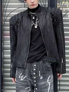 Design-Inspired American Sand-Textured Padded Shoulder Rivet Jacket, 2026 Spring/Autumn Loose-Fitting Unique High-End Outerwear - 黑色 - 查看 4