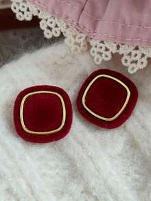 1对节日红色方形耳钉，简约复古女士耳环，植绒质感节日耳环礼品 - 紅色 - 查看 4