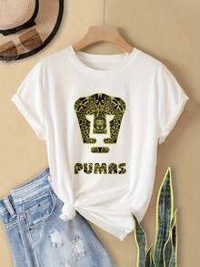 Women's Oversized Crew Neck Graphic Cotton T Shirt Black White Options,  Golden  Mask Design With Pumas Text Casual Wear, Spring Short Sleeve Loose Fit Tops, Summer Fashion Basic Tees, Clothes Gift For Womens - 白色 - 查看 1