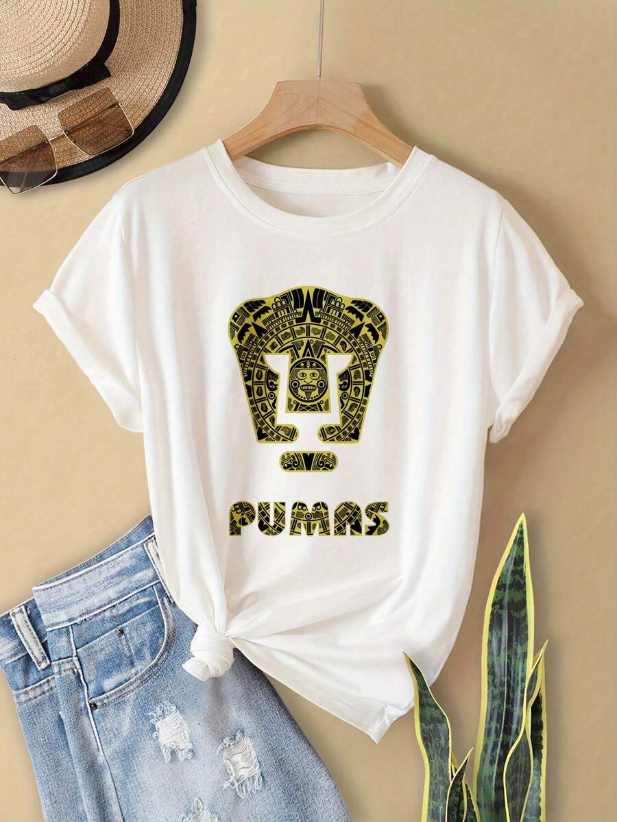 Women's Oversized Crew Neck Graphic Cotton T Shirt Black White Options,  Golden  Mask Design With Pumas Text Casual Wear, Spring Short Sleeve Loose Fit Tops, Summer Fashion Basic Tees, Clothes Gift For Womens - 白色 - 查看 1