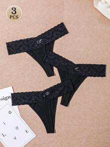 3条装性感蕾丝丁字裤，低腰，高弹力，V型腰带，女士内衣，春夏款 - 黑色 - 查看 2