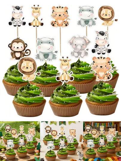 28pcs Jungle Wild Animal Shaped Cupcake Toppers, Lion Giraffe Zebra Jungle Theme Cake Decorations, Suitable For Jungle Theme Baby Shower, Kids Birthday Party Cake Decor
