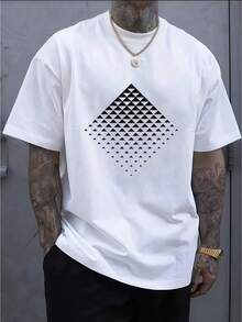 1 Pc Men's Clothing Diamond Pattern Printed White Tshirt, Graphic Tee, Summer Tops, Shirt, Unisex Casual Crew Neck Tshirt, Plus Size Men's 5XL, Lightweight 220 G/M² Knitted Fabric, Machine Washable, Suitable For Spring/Summer/Autumn Wear, Christmas, Valentine's Day, Halloween - 白色 - 查看 1