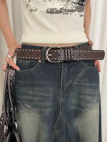 1pc Women's Coffee-Colored PU Leather Punk Style Double Row Rivet Decor Belt, Versatile Accessory Summer, School Fall, Autumn, Halloween SBXU - 黑色 - 查看 2