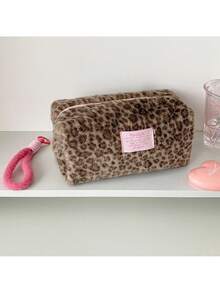 1 PC Girl Leopard Pattern Plush Handheld Makeup Bag, Student Handheld Bag, Portable Skincare Products, Toiletry And Storage Bag - Multicolor - View 12
