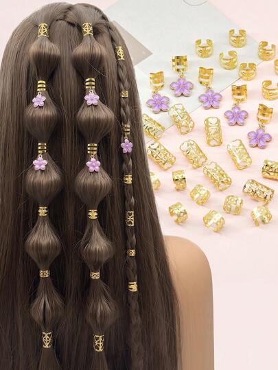 35pcs Elegant Purple Camellia & Heart Shaped Hair Scrunchies - Romantic Metal Flower Hair Clips, Bohemian Princess Style Hair Accessories Suitable For Adjustable Braids And Combs