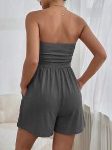 Women Summer Romper Strapless Tube Ruffle Boho Loose Shorts Jumpsuits Pockets Casual Daily Spring Holiday Beach Vacation Airport Outfits - Dark Grey - View 2