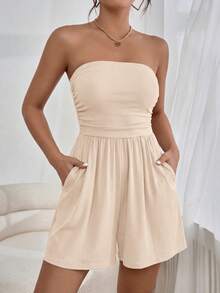 Women Summer Romper Strapless Tube Ruffle Boho Loose Shorts Jumpsuits Pockets Casual Daily Spring Holiday Beach Vacation Airport Outfits - 杏色 - 查看 1