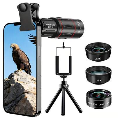 智能手机长焦镜头套装 - 包含变焦镜头、广角镜头、微距镜头、鱼眼镜头和三脚架，兼容大多数智能手机，也可作为单筒望远镜使用，适用于音乐会、体育赛事、观鸟、摄影、户外运动爱好者 - 送给家人和朋友的贴心节日礼物