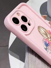 Fashionable, Popular, Personalized, Cartoon Back View Of Blonde Girl With Braided Hair Holding Bouquet Pattern Design Theme Luxury Shockproof Aesthetic Cute Phone Case, Soft-Touch Ultimate Grip, Waterproof & Durable, Dirt-Resistant, Bumper Cover With Camera Protection, Compatible With Iphone 17/17Pro/17Pro Max, 16 - Pink - View 3