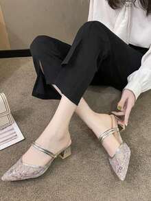 New Mesh Pointed Toe Chunky Heel Sandals Mules Two-Way Wear Pumps,Summer Outfits - Silver - View 6