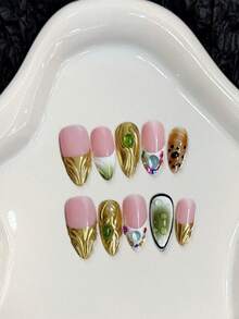 10Pcs Almond Fake Nails With Metal Embossed French False Nails Resin Base With Icy Transparent Design For Spring Summer - Multicolor - View 1