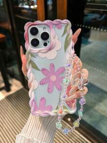 花卉彩绘编织波浪边可拆卸手链简约防震加厚手机保护壳，印花设计，兼容 17/17 Pro/17 Pro Max、16 XR/7/8、15 Pro Max、12 Pro Max、13 Pro Max、14 Pro Max、13、14、11、12、P14、P11 软壳、P12 防摔、XS、XR、7/8P、7/8G ES2 手机壳 - 彩色 - 查看 7