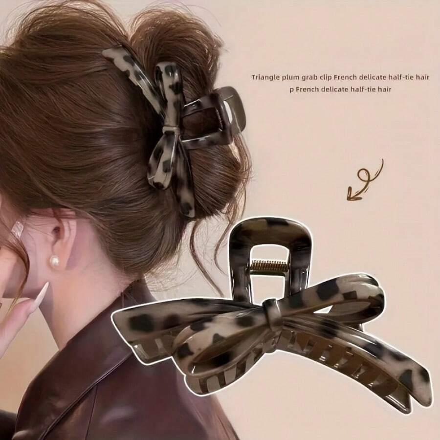1pc Retro Elegant Plastic Hair Clip, Leopard Bow Hair Claw, Large Hair Claw, Hair Accessory, Bohemian Style Women Hair Clip, New Fashionable Chic Hair Clip - 1 - View 1