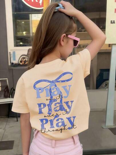 This Casual Apricot Round Neck T-Shirt Is Specially Designed For Older Children, Featuring A Creative Blue Bow Print, Very Suitable For Girls And Children To Wear. Suitable For School, Shopping, Daily Wear And Vacation. Not Only Suitable For Daily Wear, But Also An Excellent Gift For Friends And Family.