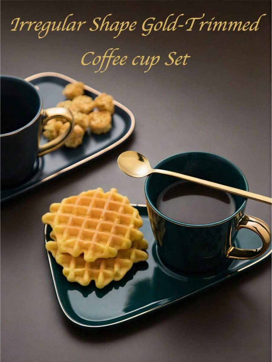 Ceramic Coffee Mug & Tea Cup Set, Gilded Asymmetrical Shape, Personalized For Home, Office, Couples Gift, Birthday Gift - Dark Green - View 1