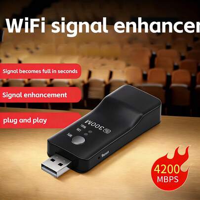 Amplificador de señal WiFi inalámbrico | Repetidor USB de alta velocidad de 300 Mbps y 2,4 GHz | Plug and Play, configuración rápida | Expansor de punto de acceso portátil para interiores de oficina | Alcance y velocidad mejorados | Diseño elegante en negro, enchufe estadounidense