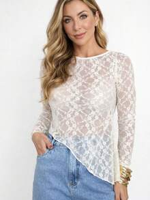 Women's Floral Lace Blouse, Transparent, Asymmetrical, With Long Sleeves – Elegant & Fashion 2026, Polyester, Transparent Lace Blouse, Stage And Concert, Dating - 白色 - 查看 5