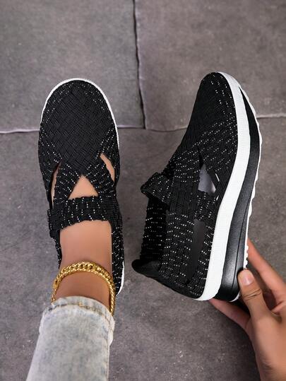 Women's Casual Shoes, Sandals, Rhombus Colorblock Plaid Boho Casual Elegant Woven Criss-Cross Embroidered Sneakers, Suitable For Casual, Work, Indoor And Outdoor, All Seasons