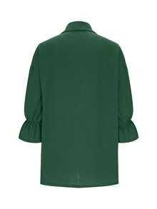 Blusa de mujer talla grande de unicolor con cuello y mangas abullonadas - Verde - Ver 3