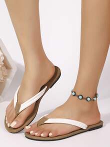 女士棕色平底人字拖，时尚夏季休闲沙滩旅行防滑鞋底度假放松沙滩鞋 - 白色 - 查看 2