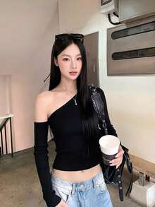 Sexy Asymmetric Off-Shoulder Long Sleeve Knit Top For Women, Slim Fit Crop Top, Spring & Autumn Wear - Black - View 1