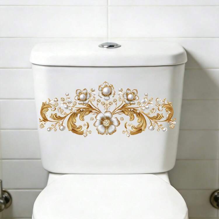 1 pièce Autocollant de toilette floral doré, papier vinyle imperméable et auto-adhésif, convient pour le couvercle de toilette de salle de bain, les meubles amovibles, les armoires et la décoration murale, belle décoration de pièce - Multicolore - Voir 5